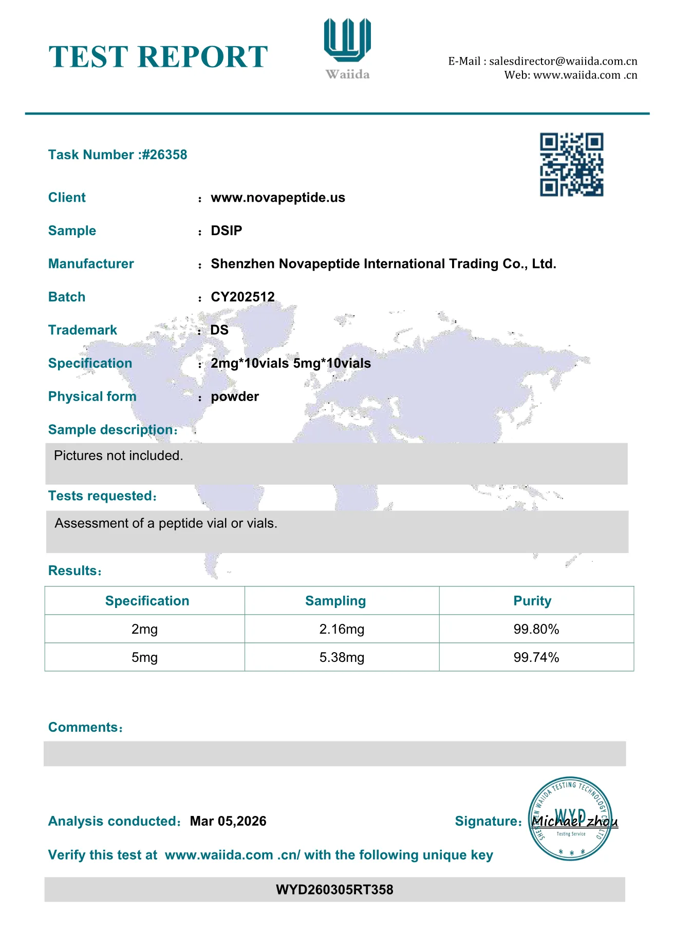 DSIP certificate of analysis, page 1