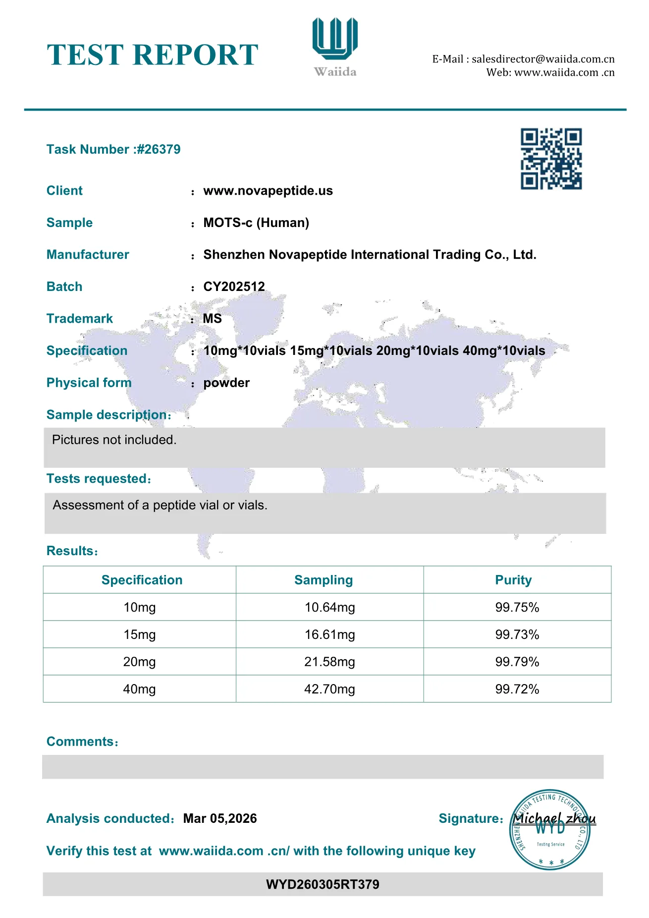 MOTS-c certificate of analysis, page 1
