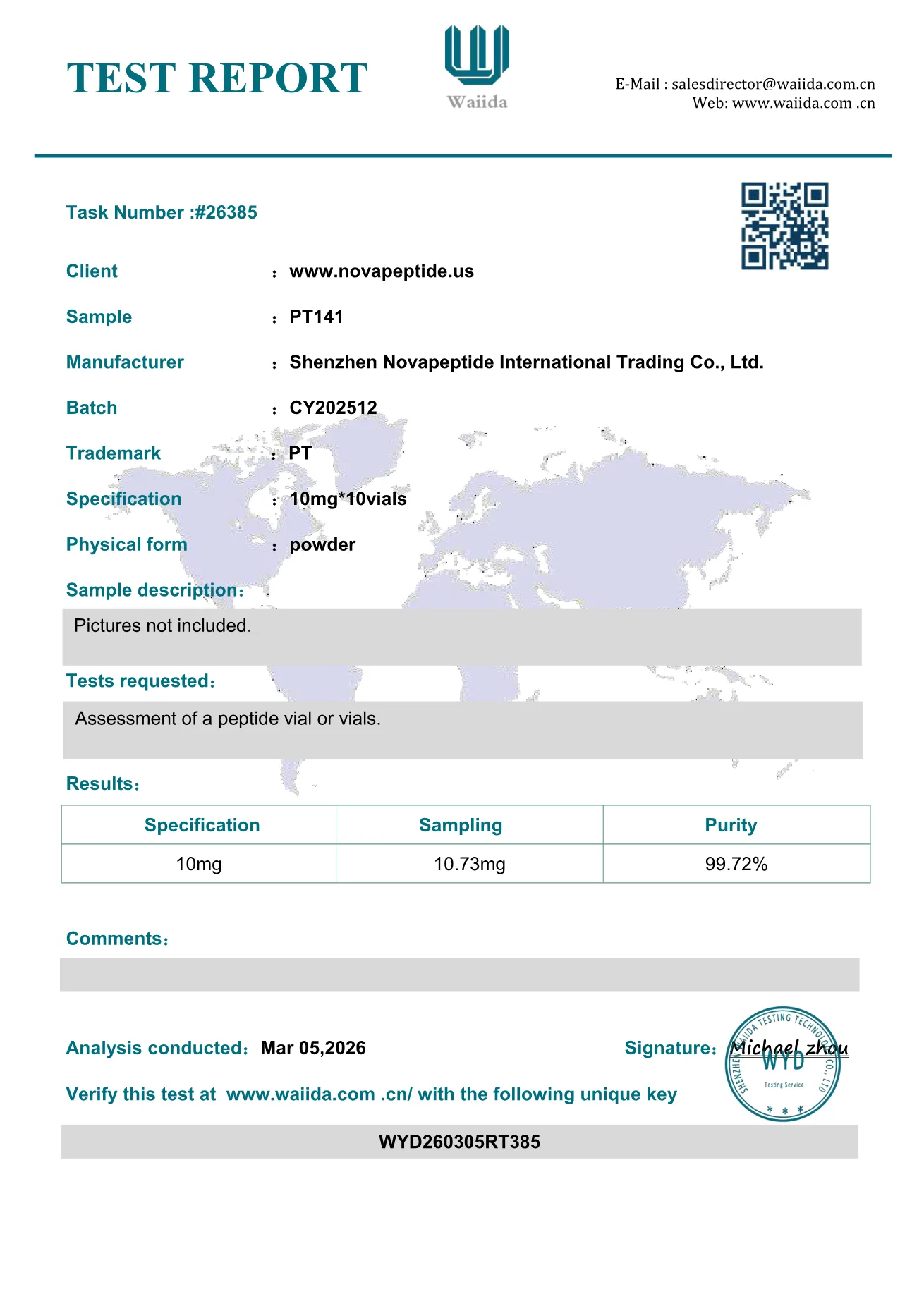 PT-141 certificate of analysis, page 1
