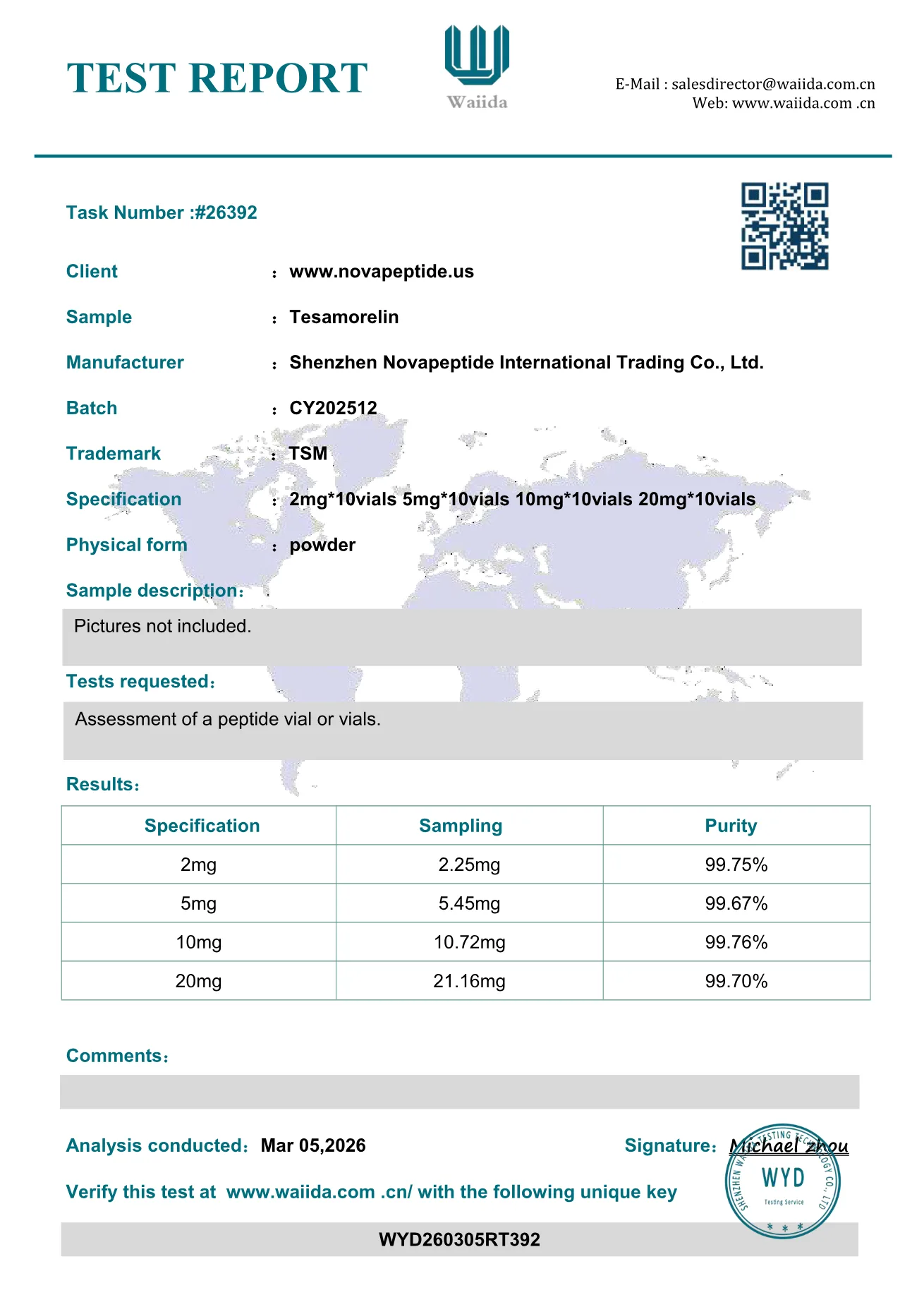 Tesamorelin certificate of analysis, page 1