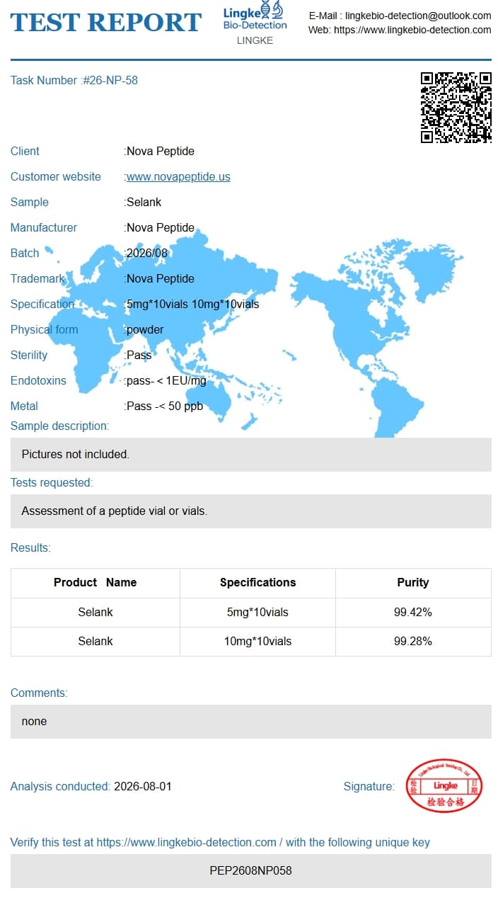 Selank certificate of analysis, page 1
